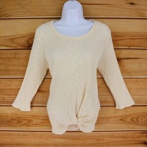Ribbed Sweater Round Neck Womens M Ivory Beige 100% Cotton 3/4 Sleeve Trueself‎